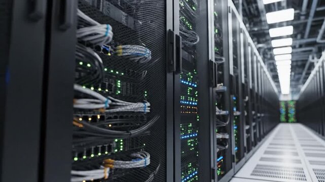 Data center servers with glowing lights in rows, showcasing technology and networking for data storage and processing