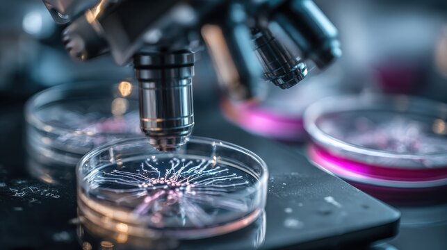 Equipment utilizing AI to count colonies on environmental sample plates detailed focus on camera sensor and plate edges with smudged lab surroundings.