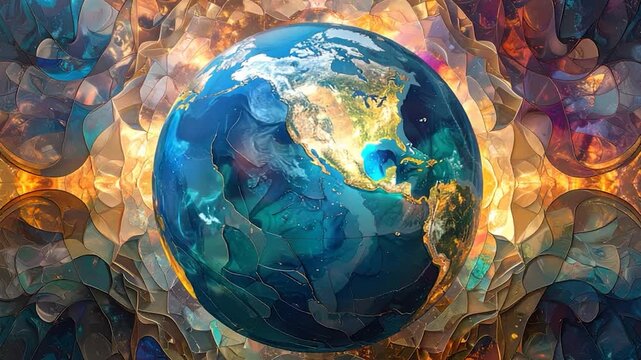 Abstract Earth globe with stylized stained-glass background in vibrant colors
