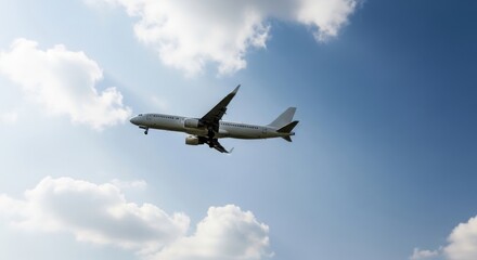 Fototapeta premium Commercial airplane soaring above a coastal region with ocean and sky.