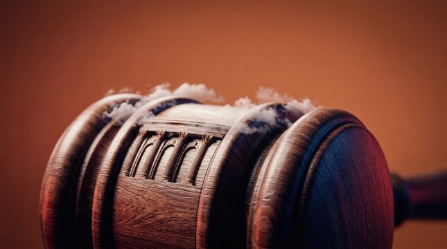 Wooden Gavel Head Designed as a Courthouse Dome with Columns for Legal Advocacy Branding and Judicial Advertising, Large Copy Space on Rust Background