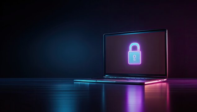 Glowing lock icon on a laptop screen, dark background, security concept