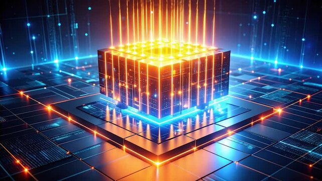 Glowing cube with beams of light, futuristic circuits and digital background