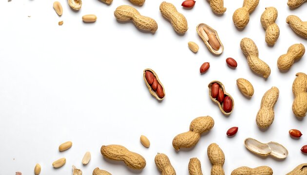 A flat lay of shelled and unshelled legumes scattered across a white surface. Some legumes are opened to reveal the nuts