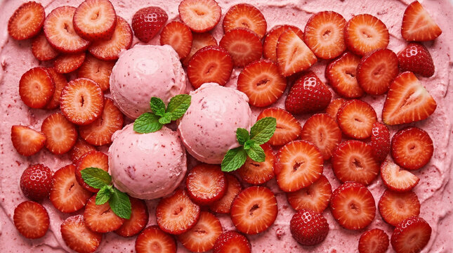 Strawberry ice cream, gelato with  fresh strawberry slices and mint leaves. Dessert, ice cream, gelato, summer food concept,