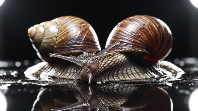 Close up shot of two snails together on a wet reflective surface with dark background, emphasizing their detailed texture