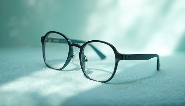 Pair of dark blue eyeglasses rests on soft light blue fabric. Delicate light patterns fall on the surface, creating serene atmosphere. Modern eyewear accessory.