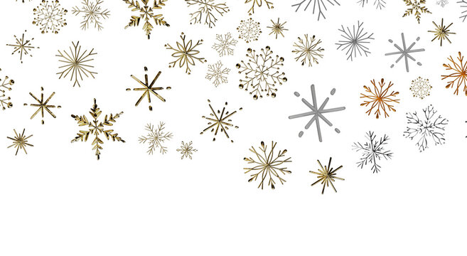 Decorative background of gold and silver snowflakes for winter holiday designs and Christmas festiv