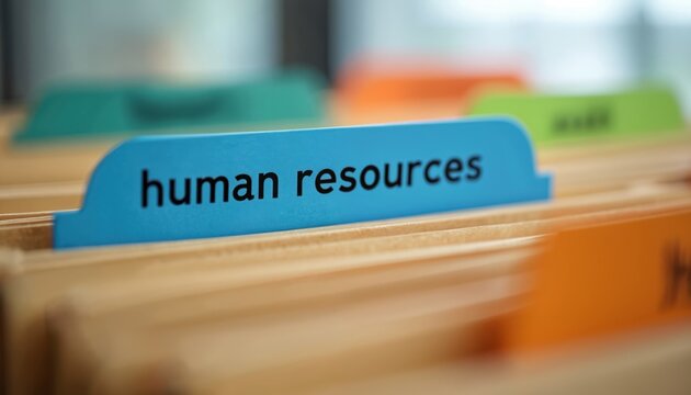 File folders with tabs organize office documents. Blue tab reads Human Resources. Colored tabs hint at diverse office sections for personnel management. Effective business administration concept.