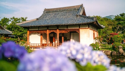 Fototapeta premium Serene Japanese Garden with Traditional Architecture and Blooming Hydrangeas.