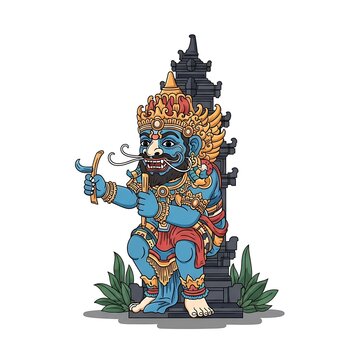 Traditional Balinese temple guardian statue with an elaborate golden crown and fierce blue face