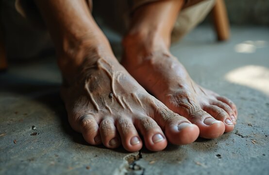 Close view of aged human feet showing detailed skin texture and prominent veins. Wrinkled toes and soles suggest a long life journey. Feet rest on a rough concrete floor.