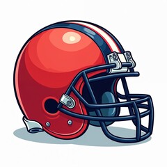 Fototapeta premium Red cartoon football helmet with blue and white stripes, face mask, and chin strap. Sport protective gear for american football player. Game accessory for athlete.
