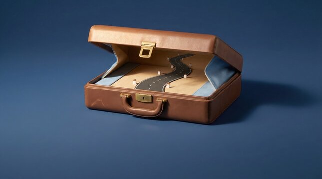 Leather briefcase opening to reveal a winding road for business strategy and project planning on a berry blue background with copy space for advertising