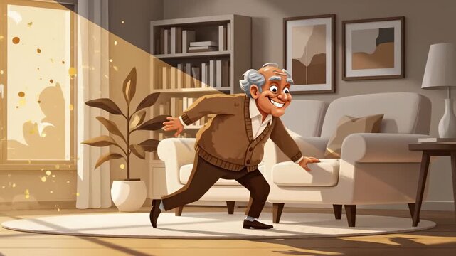 Animated elderly man running with joy in cozy living room scene cartoon style full of warm light and happiness