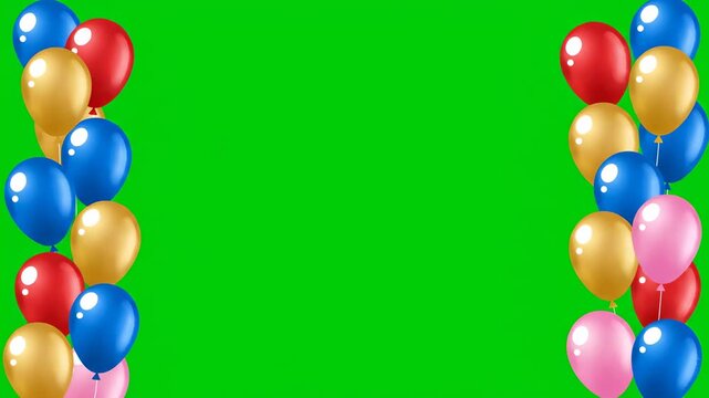Colorful balloons forming a decorative border on a vibrant green screen background, perfect for celebrations and events.