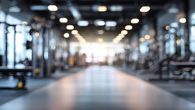 Defocused interior shot of a gym with exercise equipment and overhead lighting