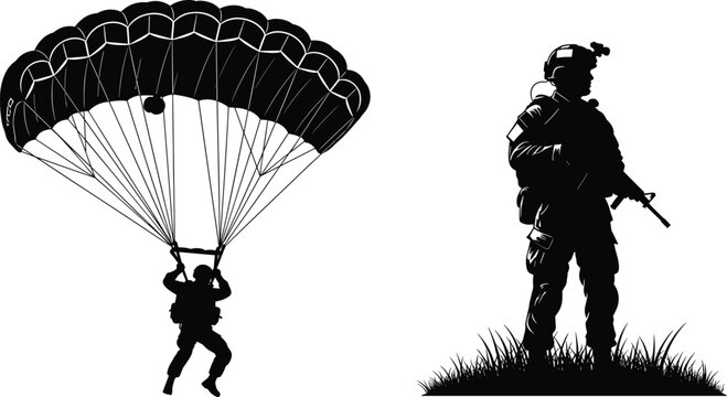 Military soldier paratrooper vector silhouette collection featuring army commando with parachute and tactical marine standing in grass for flavector brand.