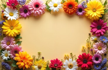 Obraz premium Colorful flower arrangement forms border on plain yellow background. This flat lay top view showcases blooming plants with petals in pink, yellow, white, orange, perfect for spring or summer themes.