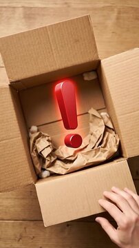 Online shopping security warning open cardboard box delivery package with red exclamation mark fraud alert for return scam risk and suspicious parcel notice for safe checkout
