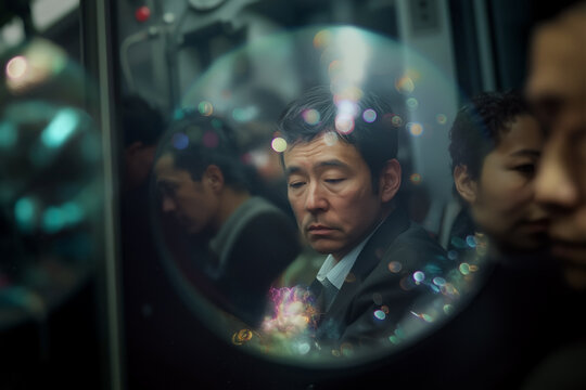 Chinese businessman in iridescent energy sphere on subway, isolated passengers in blurred background,withdrawal and vacant haunted stare