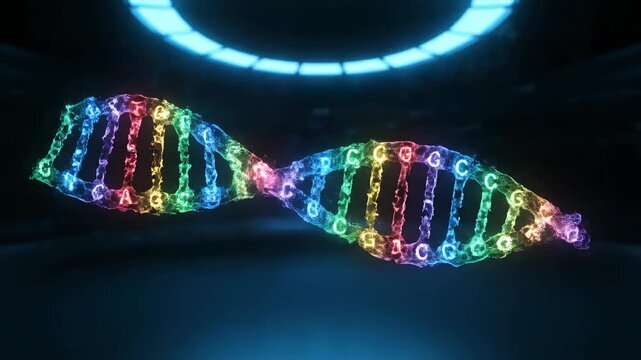 Mesmerizing holographic dna double helix, glowing with rainbow colors and alphanumeric characters, against a dark, futuristic background.