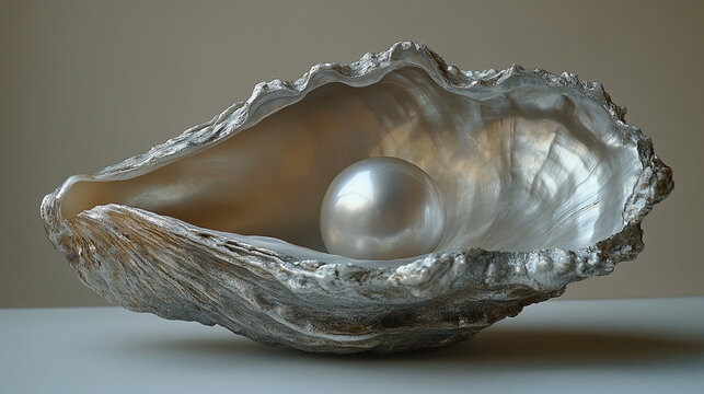 Pearl in oyster shell on table, neutral background