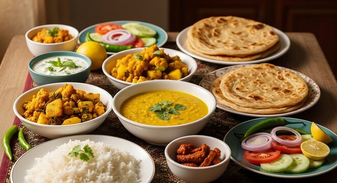 Traditional Indian meal with dal rice parathas and curry dishes on a wooden table
