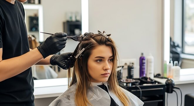 Hairdresser applying hair dye to a customer in a salon setting.