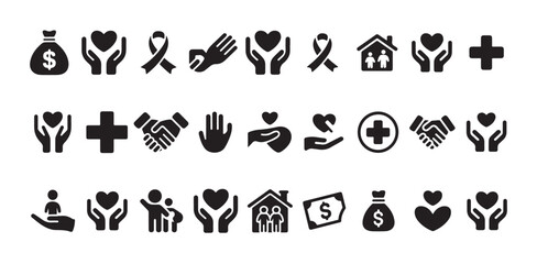 Obraz premium Charity vector black solid icons set, symbol of compassion, help, human support and donation