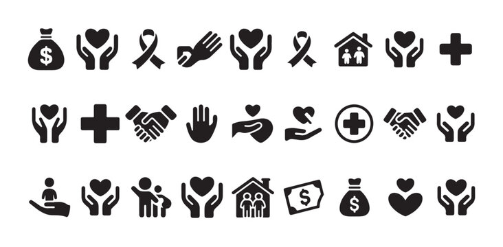Charity vector black solid icons set, symbol of compassion, help, human support and donation