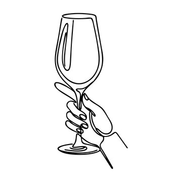Dibujo sencillo con una &uacute;nica l&iacute;nea de una mano sujetando una copa de cristal de vino o champ&aacute;n 