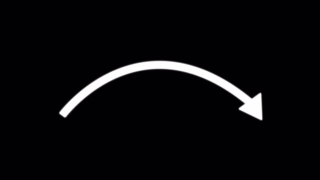 Curved arrow motion animation. Minimal white arc arrow showing direction and flow on dark background