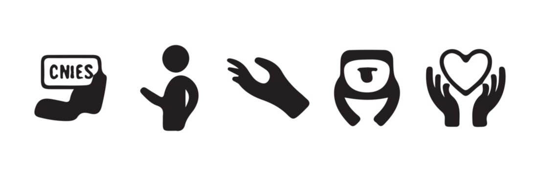 Identity and assistance symbols featuring hands holding heart and identification card icons