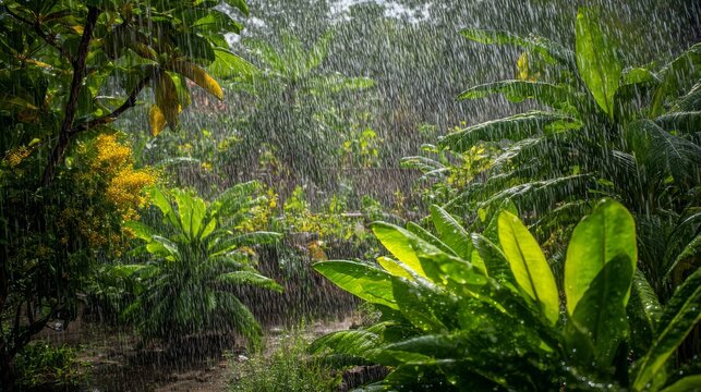 Lush green tropical foliage, yellow flowers, and heavy rainfall creating a vibrant, wet scene