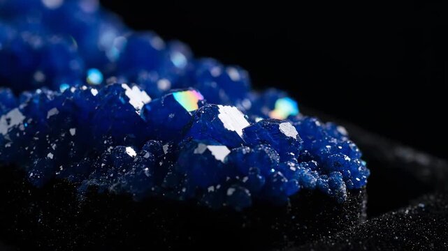Captivating close-up shot of a cluster of vibrant blue crystals, shimmering with small white facets, set against a dark, contrasting background, highlighting their natural beauty.