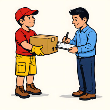 Delivery boy handing cardboard box to customer signing clipboard 2d illustration