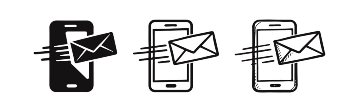 Smartphone with Flying Envelope Icon Set, Mobile Email and Message Notification Symbol