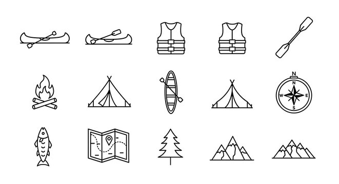 Set of minimalist outline icons for outdoor camping and adventure