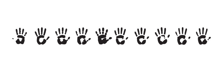 Obraz premium Row of ten distinct black handprint stamps showing diverse sizes and slight shape variations