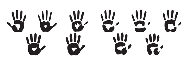 Fototapeta premium Various handprint shapes and palm impressions set for graphic design projects in black ink