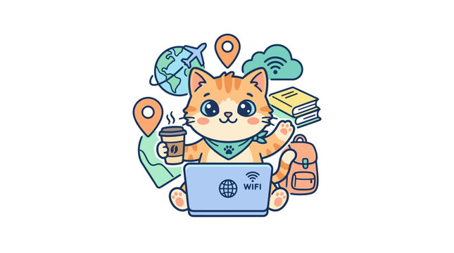 Cute Cat Working Remotely While Traveling