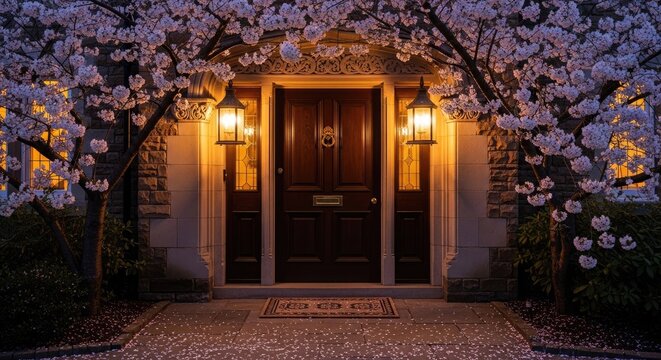 Elegant entryway illuminated at dusk with flowering trees and lanterns