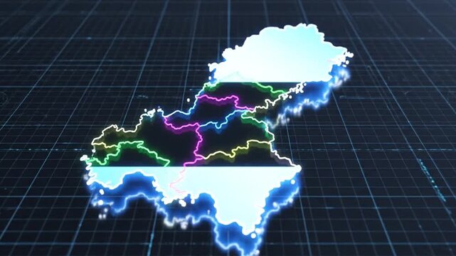 Digital 3D glowing map of Botswana with national flag colors on a blue tech grid background