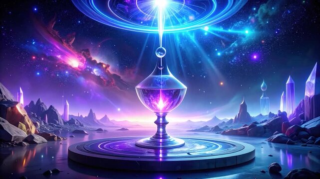 A glowing goblet with cosmic light on a platform in a fantastical landscape