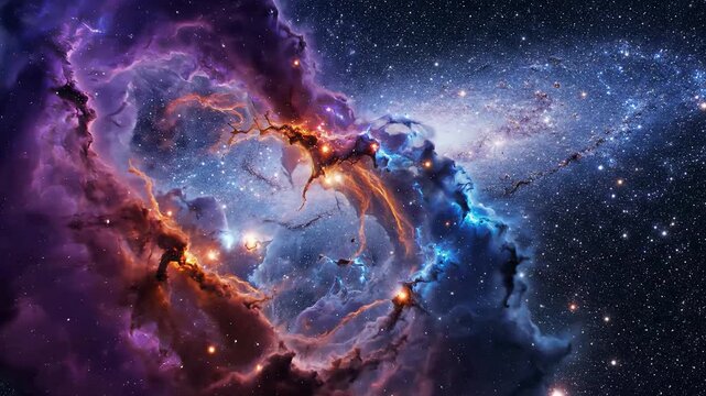 Vibrant deep space nebula with glowing purple and blue interstellar gas clouds and star clusters in a vast cosmic galaxy background cinematic