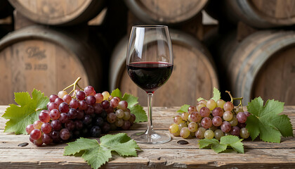 Fototapeta premium Rustic Wine Glass with Grapes and Wooden Barrels 
