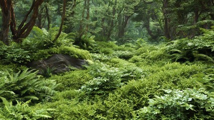 Obraz premium Lush forest interior with dense undergrowth, dappled light, and tall trees creating a vibrant and natural landscape