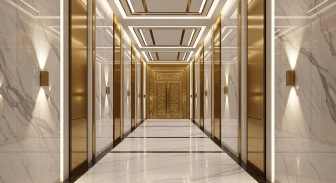 Elegant hallway interior with gold accents marble walls and modern lighting