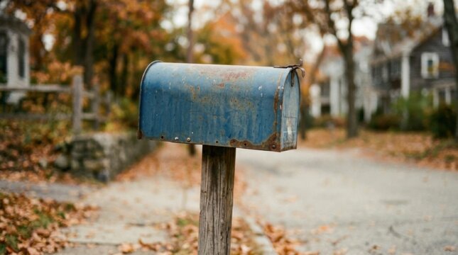 Rustic Blue Mailbox Surrounded by Autumn Leaves and Nature